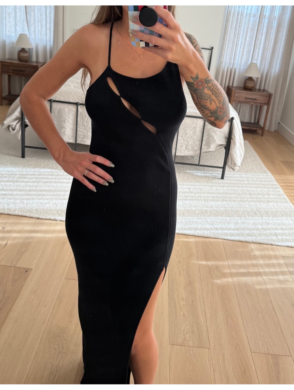 SNDYS Petra Maxi Dress Black Ribbed Cutout Slit Bodycon Size Small